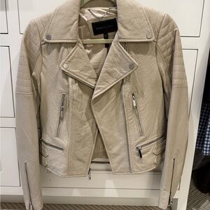 BCBGMaxAzria Women's Beige Leather Jacket with Silver Zippers